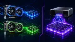 Een illustratie met links twee NVIDIA RTX 5060 Ti-grafische kaarten en rechts een NVIDIA GB10-systeem, beide uitgelicht tegen een donkere achtergrond met heldere kleuren.