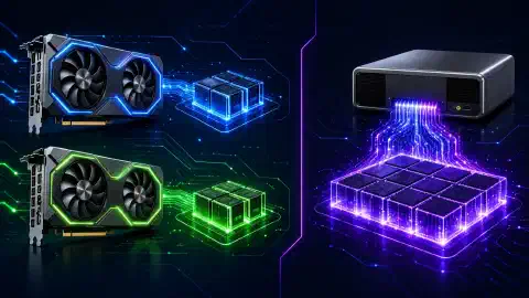 Een illustratie met links twee NVIDIA RTX 5060 Ti-grafische kaarten en rechts een NVIDIA GB10-systeem, beide uitgelicht tegen een donkere achtergrond met heldere kleuren.