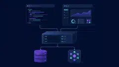 Terminal- en desktopclients verbonden met een centrale server en afzonderlijke symbolen voor repository en inferentie