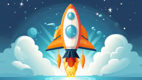 Een vrolijke cartoonraket die door de lucht vliegt met de tekst 'OrangeWebsite' op zijn zijkant, symbool voor de snelle en veilige hostingervaring.