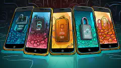 Een illustratie van vier smartphones, die elk staan voor Session, Status, Signal en Threema, beveiligd met sloten, wat hun focus op beveiligd berichtenverkeer benadrukt.
