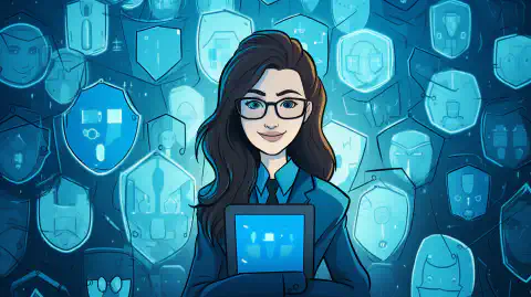 Een cartoonachtige afbeelding van een persoon omringd door beschermende schilden, die staan voor online privacy en gegevensbescherming.