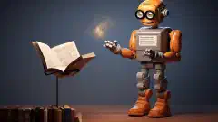 Een vereenvoudigde en vriendelijke robot die met enthousiasme technische afkortingen aan een beginner uitlegt.