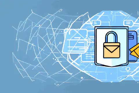Een symbolische illustratie van een vergrendelde enveloppe omringd door schildachtige beschermingslagen, die e-mailbeveiliging en gegevensbescherming voorstellen
