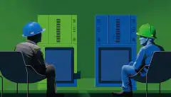 Twee servers tegenover elkaar, één blauw, één groen. Aan de blauwe kant staat een persoon met een helm en veiligheidsvest. Aan de groene kant zit iemand op de bank.