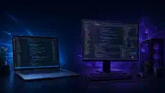 Een illustratie met een laptop met Visual Studio Code aan de linkerkant en een desktop met Visual Studio aan de rechterkant, tegen een donkere achtergrond. De linkerkant toont kleurrijke codefragmenten, terwijl de rechterkant complexe codeerprojecten weergeeft.